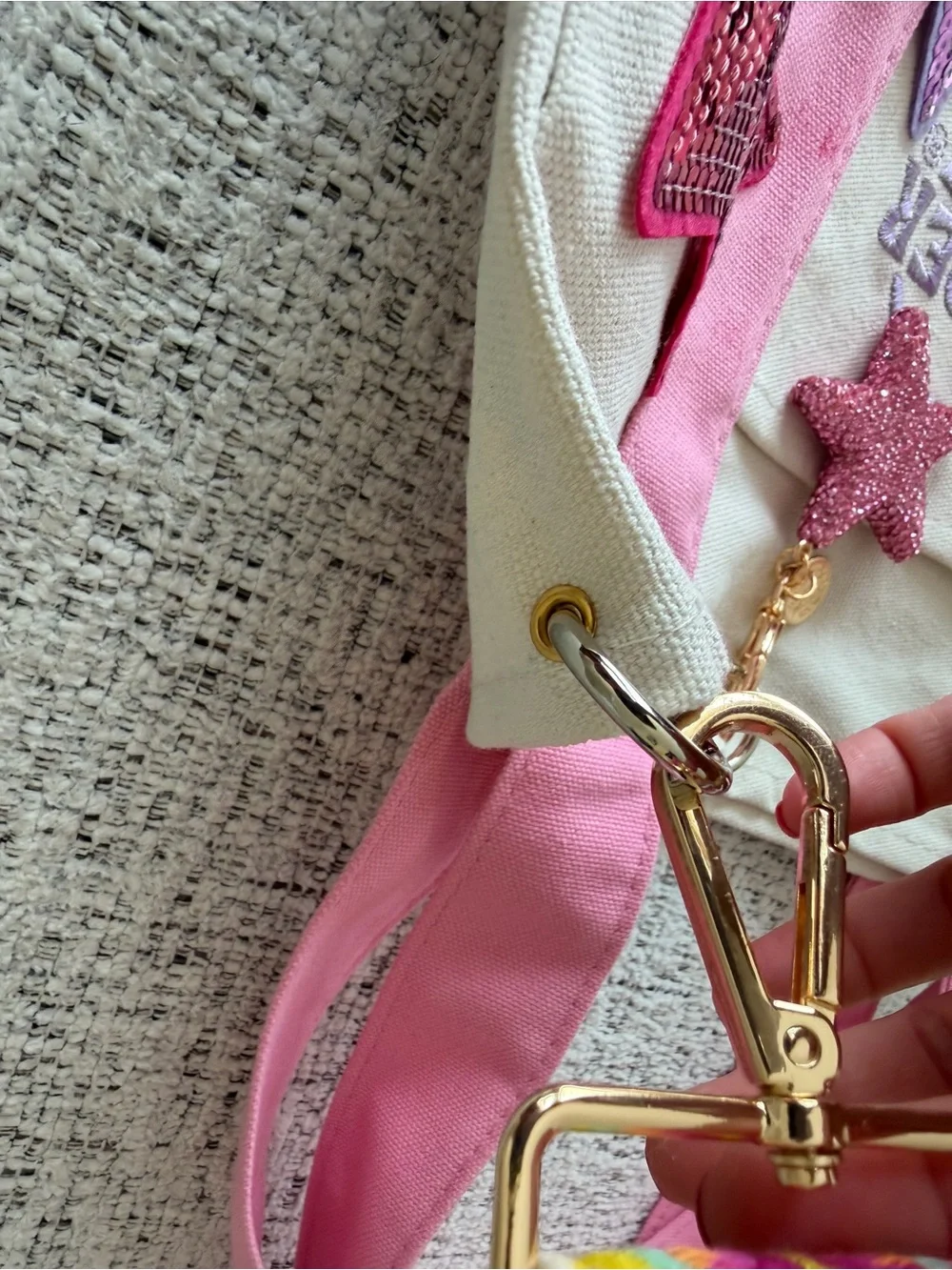 Pink Accent Canvas Tote with Star Appliqués